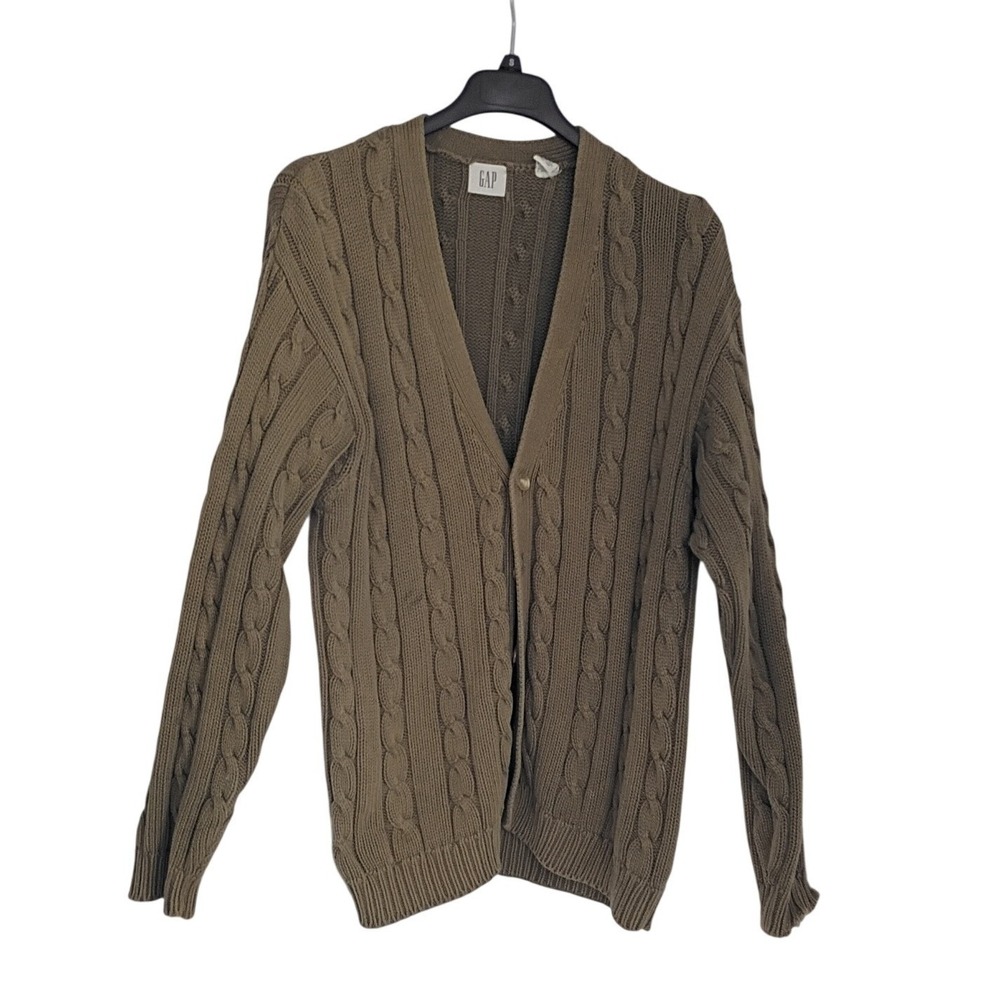 GAP Cable Knit Cardigan Sweater Olive Green‎ Button Long Sleeve XL 100% Cotton